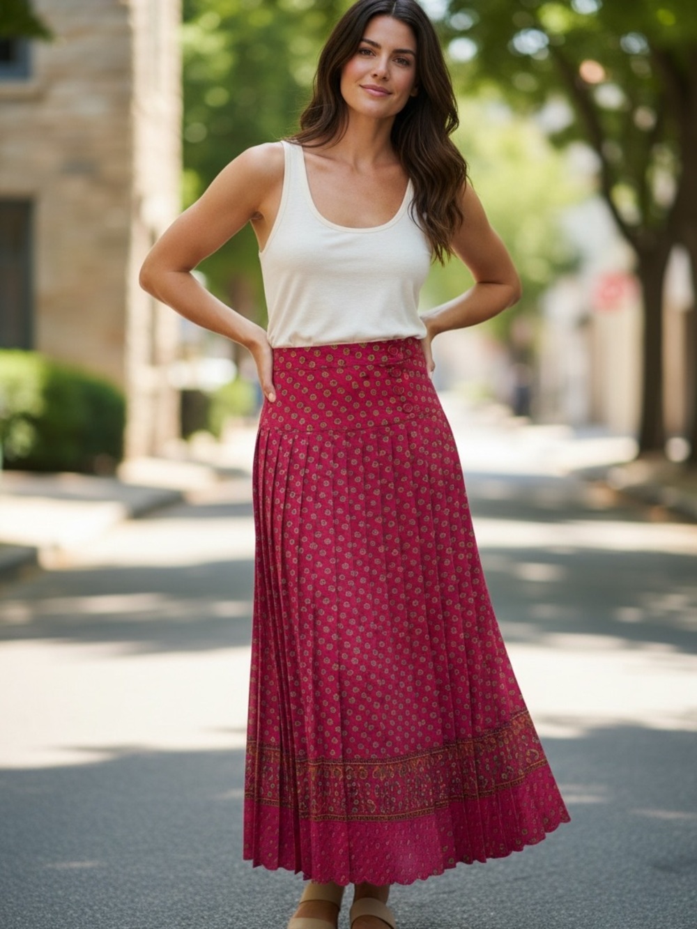 80s LIZ CLAIBORNE PINK W OLIVE GREEN DITZY PRINT PLEATED MIDI SKIRT W YOKE SZ 6